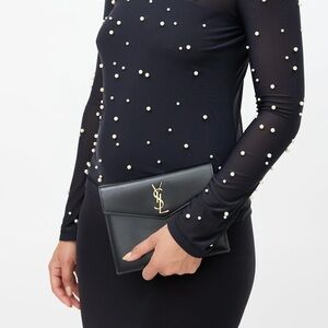 YSL Small Black UpTown Clutch with Gold Logo